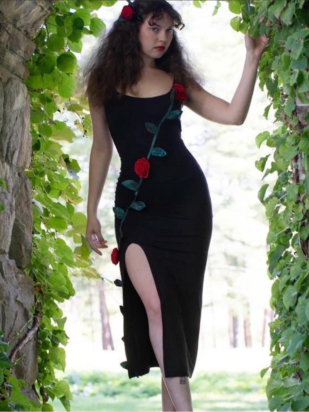 Samantha Pleet Black Midi Dress with Red Rose Appliqué